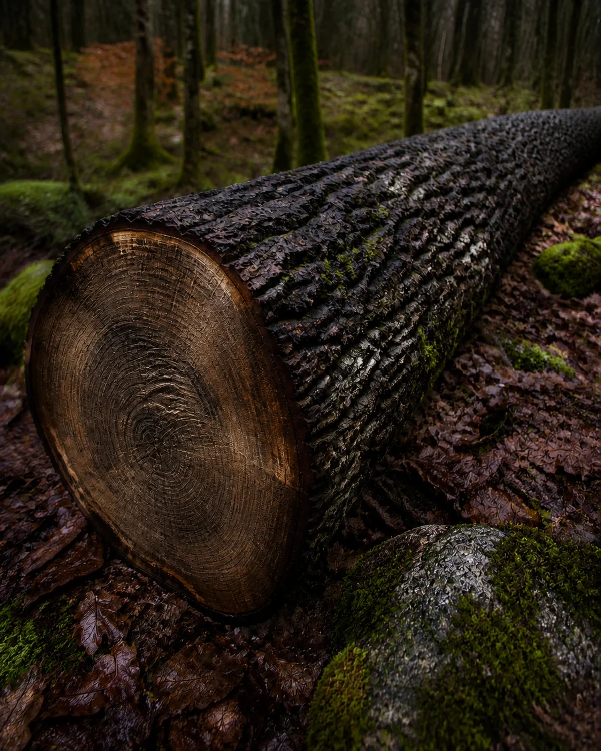 Das Hirnholz eines frisch gesägten Baumstamms